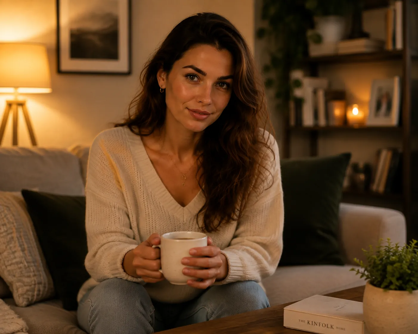 Frau entspannt zuhause mit einer Tasse Kaffee