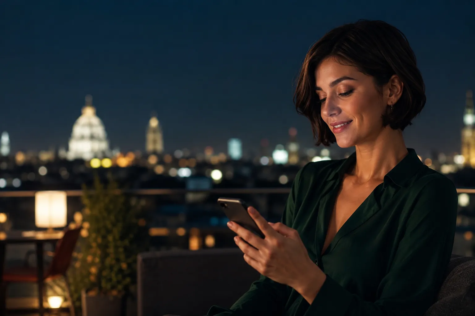 Frau nutzt eine Dating-App auf dem Smartphone auf einer Dachterrasse in Wien