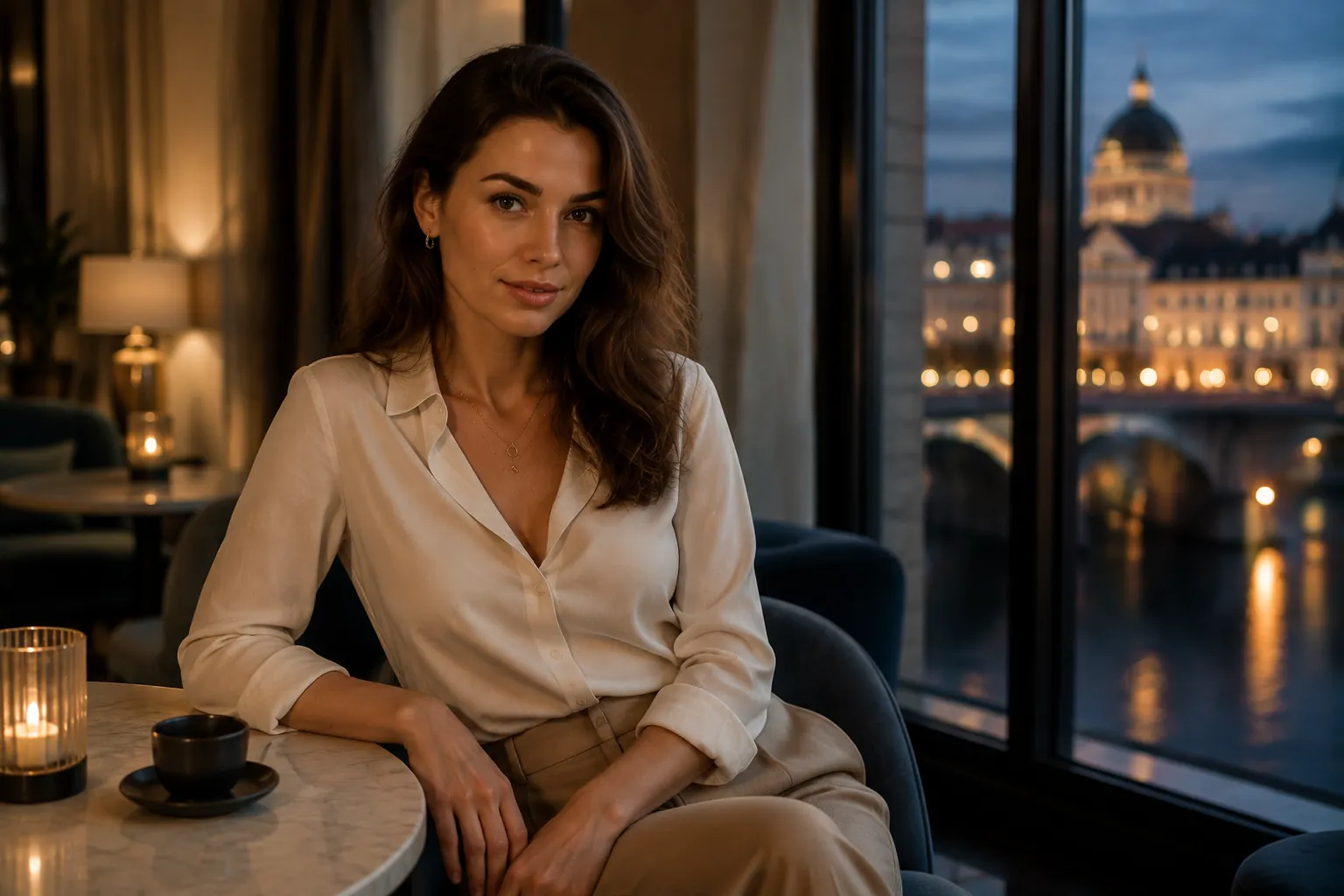 Frau in einem Café mit Blick auf eine Stadt bei Nacht